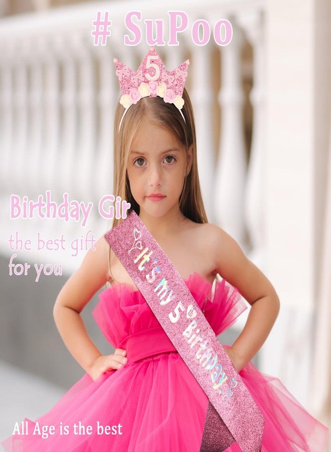 SuPoo 5th Birthday Decorations for Girl Pink Bow 5th Birthday Sash and Headband Crown for Girls Glitter Hair Band for Party 5 Year Old Flower Princess Tiara Hair Accessory Outfit Gift - Image 3